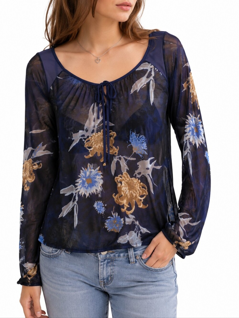 MEXX Women’s Navy Floral Sheer Mesh Blouse Size S